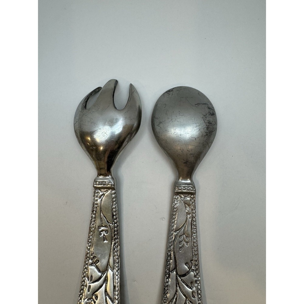 Pewter Metal Floral Salad Server Set, Spoon Fork, Matte Silver Finish, 10 Inch - Picture 4 of 6